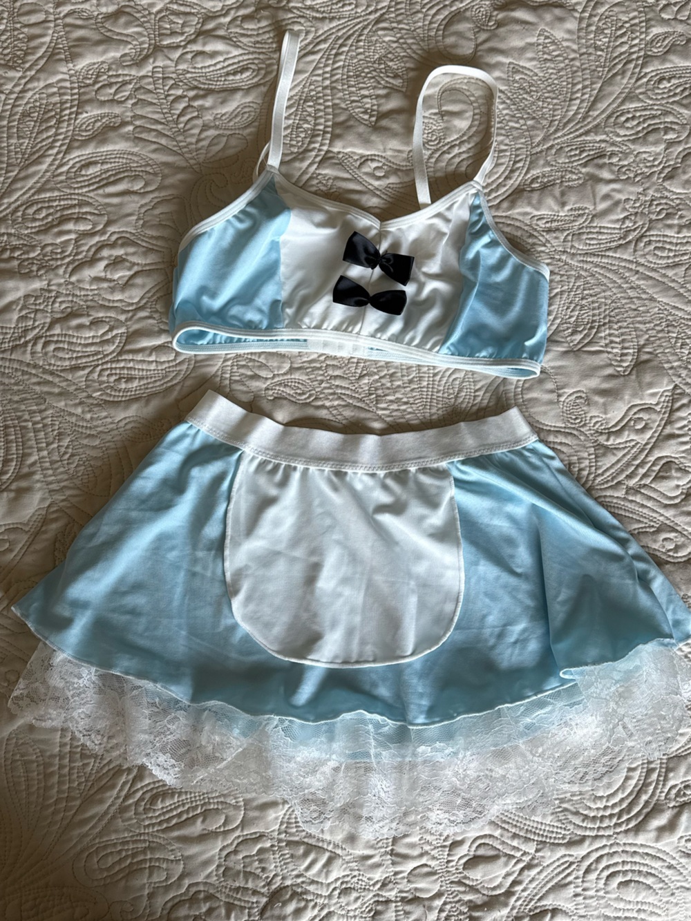 Light Blue & White Lace Accent Bra and Skirt Set size S